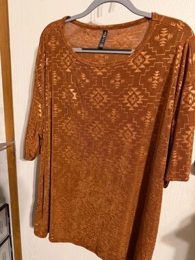 Two 2 Fly Southwest Aztec Burnout Mesh Top Rust Orange Boho Size L/XL